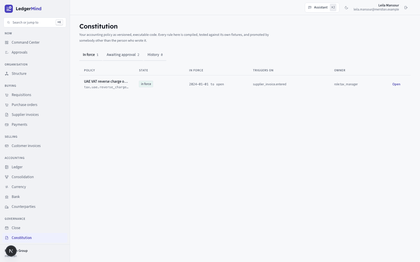 The Constitution screen, listing accounting policies by state with the one in force and the dates it applies between.